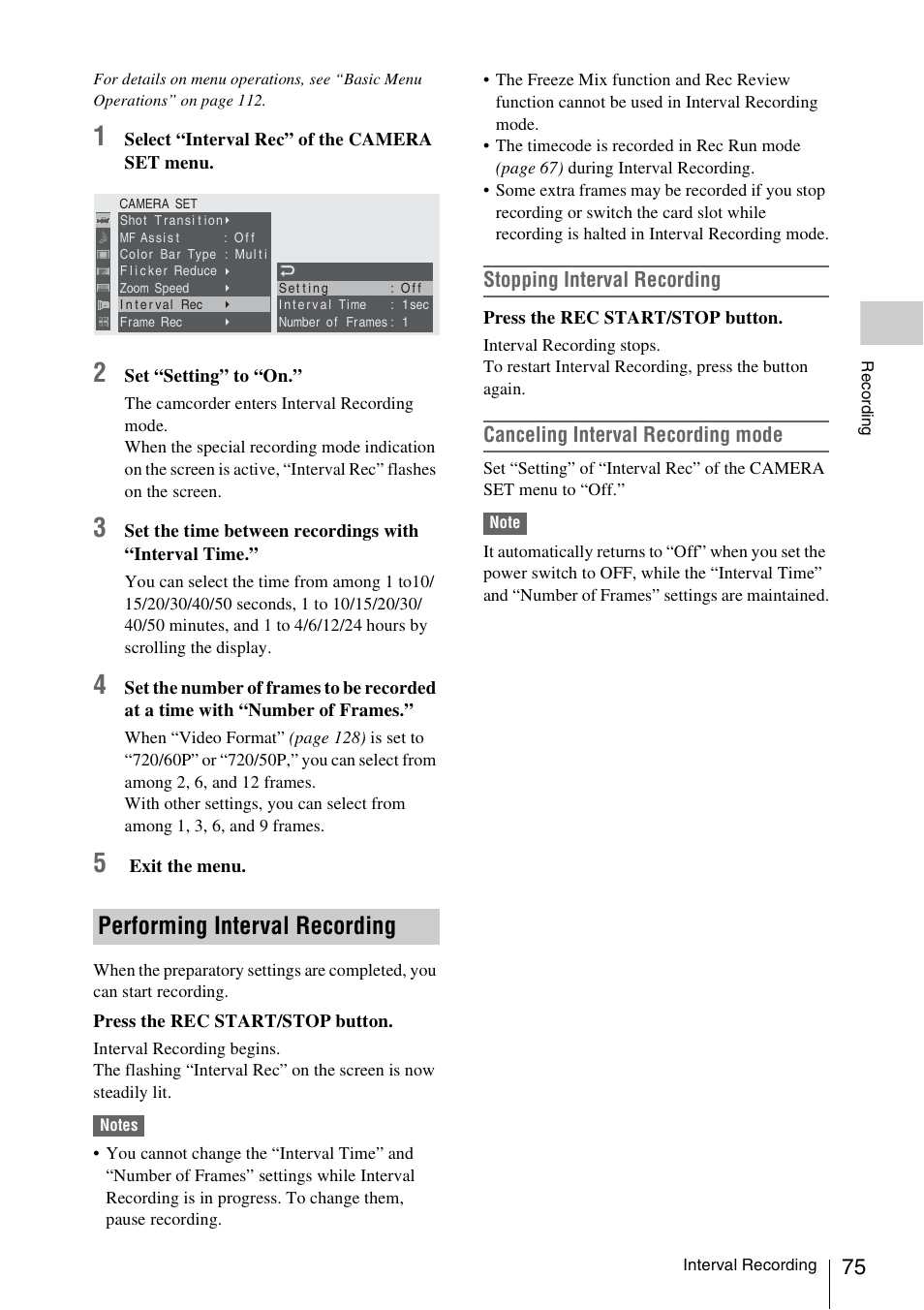 Performing interval recording, Stopping interval recording, Canceling interval recording mode | Sony PMW-EX3 User Manual | Page 75 / 162