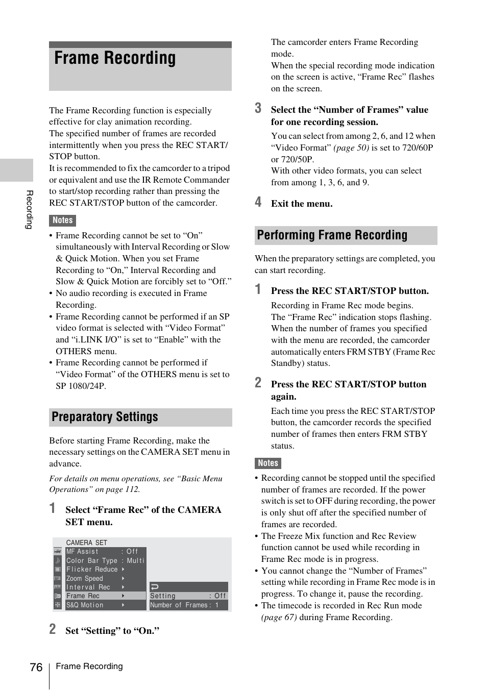 Frame recording, Preparatory settings, Performing frame recording | Preparatory settings performing frame recording | Sony PMW-EX3 User Manual | Page 76 / 162