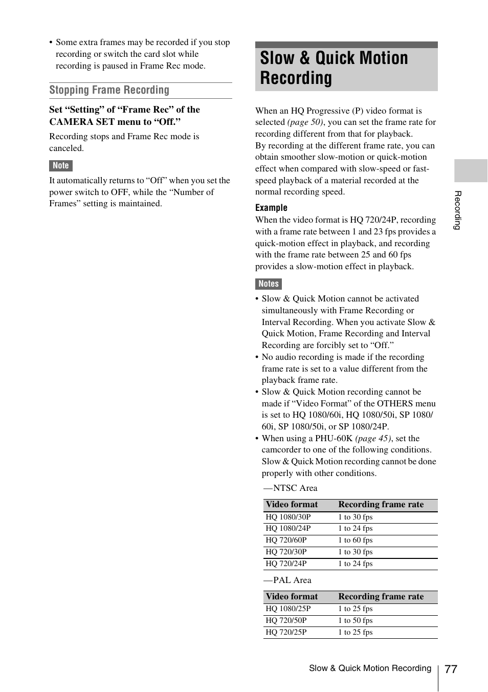 Slow & quick motion recording, Stopping frame recording | Sony PMW-EX3 User Manual | Page 77 / 162