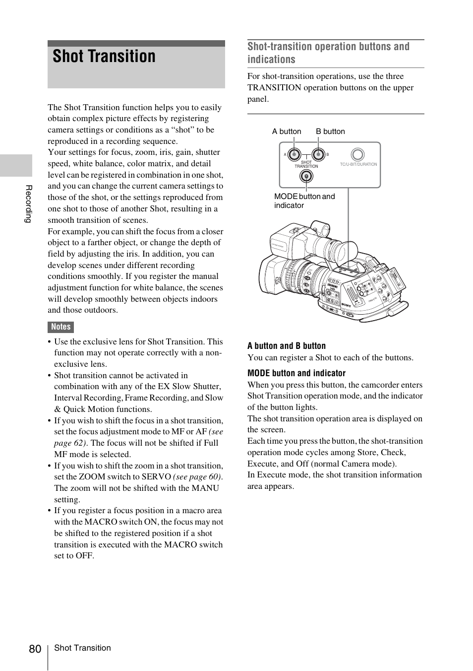 Shot transition, Shot-transition operation buttons and indications, Record ing | Sony PMW-EX3 User Manual | Page 80 / 162