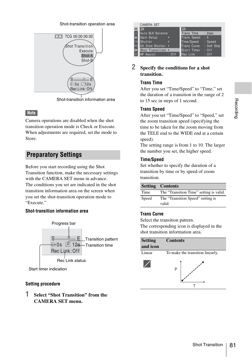 Preparatory settings, S e 0s 12s rec link : of f, Select “shot transition” from the camera set menu | Specify the conditions for a shot transition | Sony PMW-EX3 User Manual | Page 81 / 162