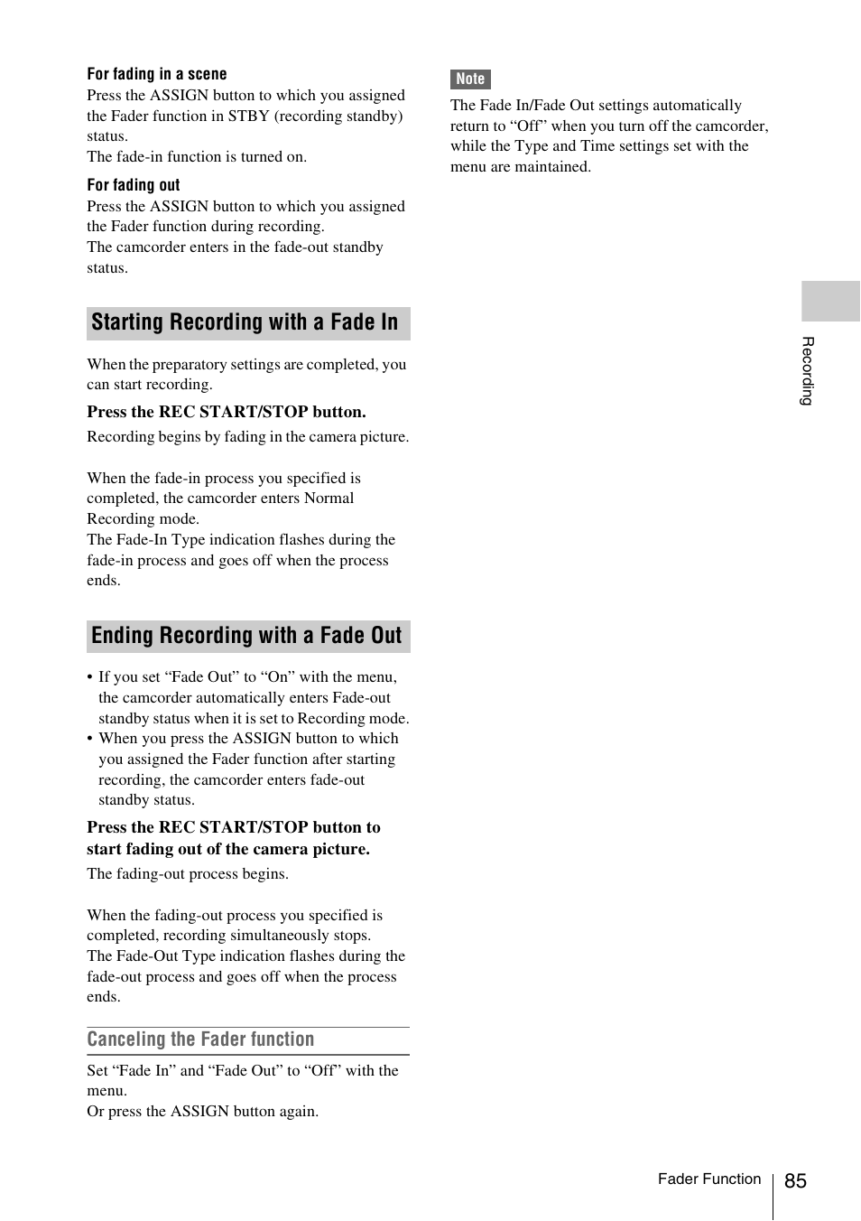 Starting recording with a fade in, Ending recording with a fade out | Sony PMW-EX3 User Manual | Page 85 / 162