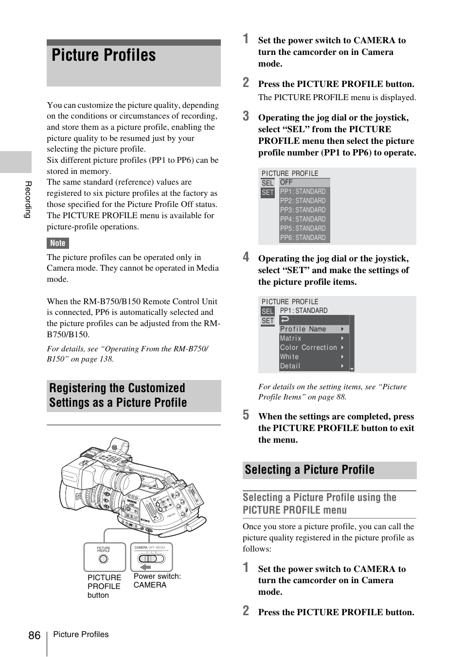 Picture profiles, Selecting a picture profile, Registering the customized settings as a picture | Profile, Press the picture profile button, The picture profile menu is displayed | Sony PMW-EX3 User Manual | Page 86 / 162