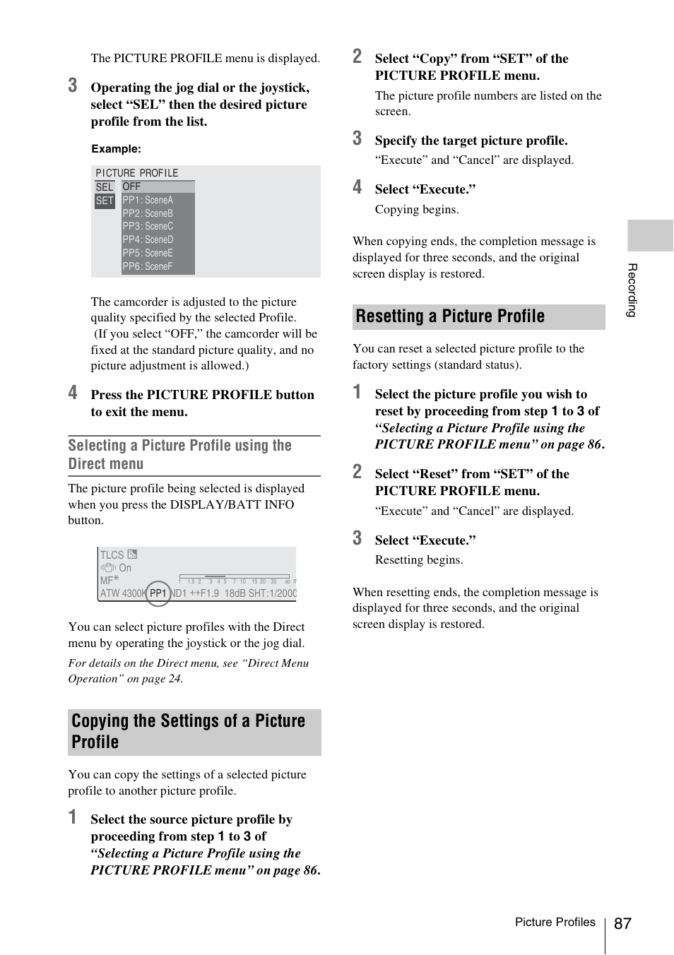 Copying the settings of a picture profile, Resetting a picture profile | Sony PMW-EX3 User Manual | Page 87 / 162