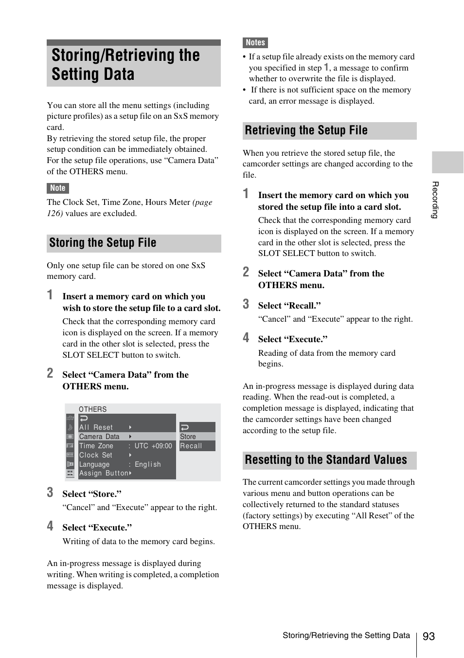 Storing/retrieving the setting data, Storing the setup file, Retrieving the setup file | Resetting to the standard values | Sony PMW-EX3 User Manual | Page 93 / 162