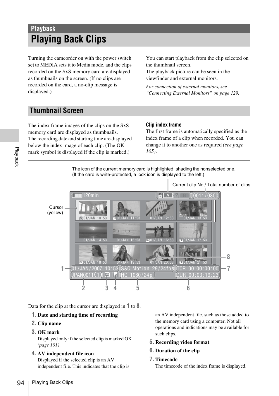 Playback, Playing back clips, Thumbnail screen | Sony PMW-EX3 User Manual | Page 94 / 162