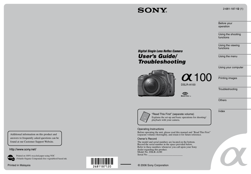 Sony DSLR-A100 User Manual | 159 pages