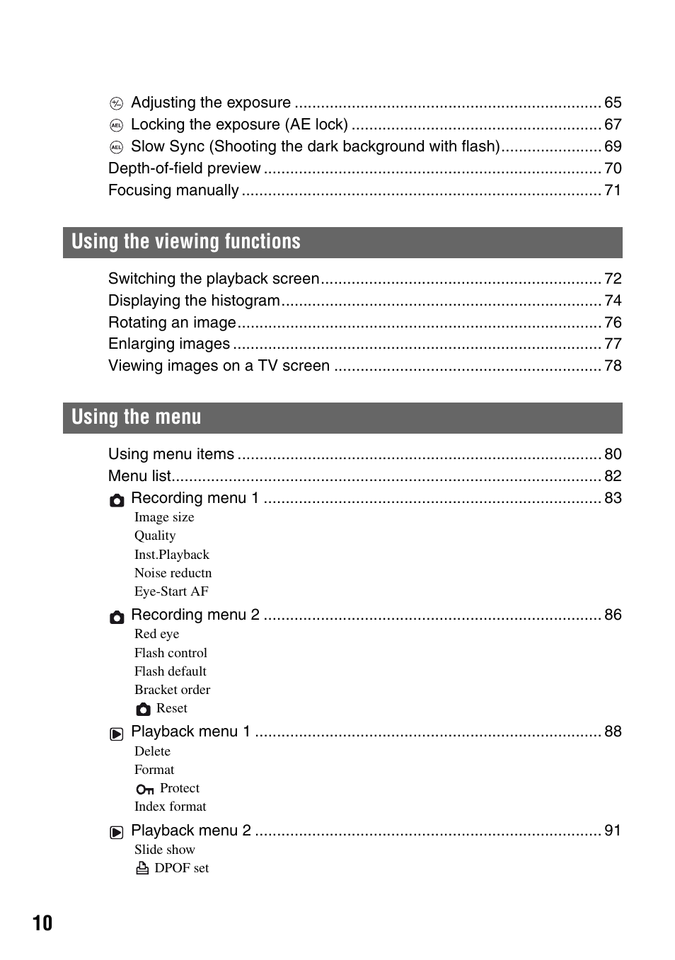 Using the viewing functions using the menu | Sony DSLR-A100 User Manual | Page 10 / 159