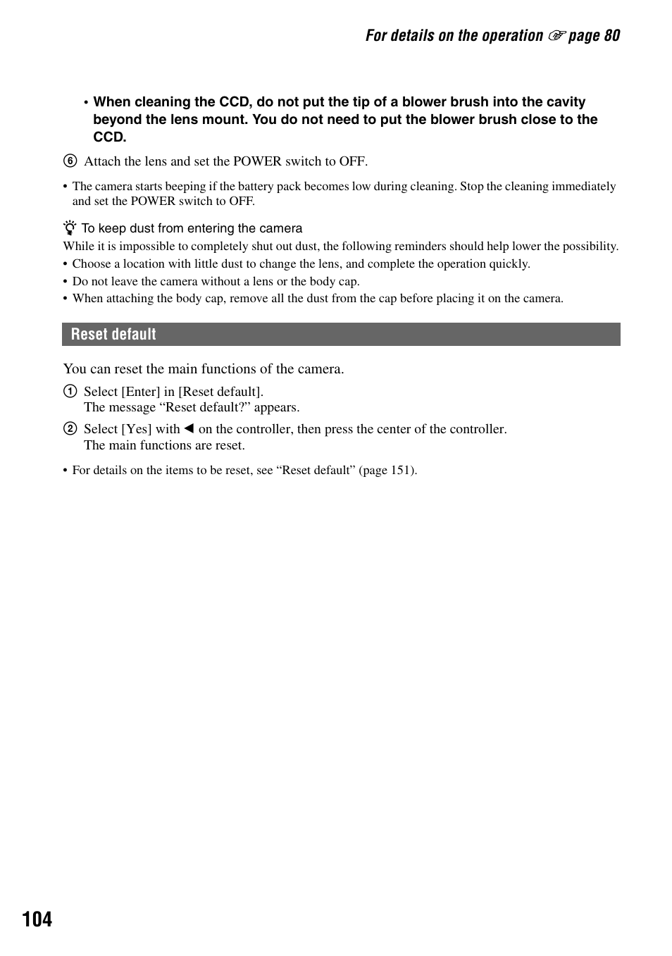 Reset default | Sony DSLR-A100 User Manual | Page 104 / 159