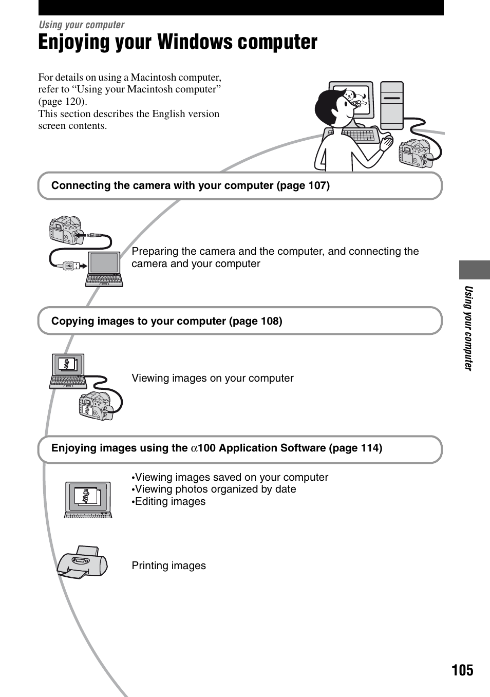 Using your computer, Enjoying your windows computer | Sony DSLR-A100 User Manual | Page 105 / 159