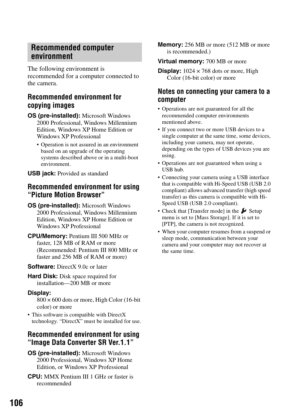 Recommended computer environment, Recommended environment for copying images | Sony DSLR-A100 User Manual | Page 106 / 159