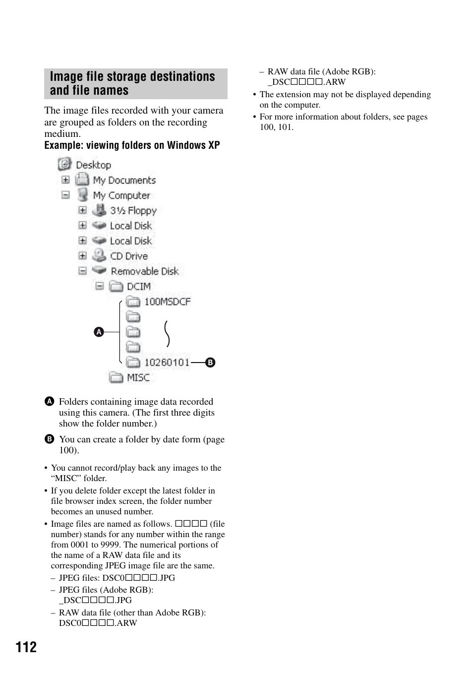 Image file storage destinations and file names | Sony DSLR-A100 User Manual | Page 112 / 159