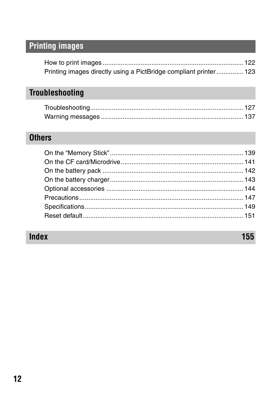 Printing images troubleshooting others index 155 | Sony DSLR-A100 User Manual | Page 12 / 159