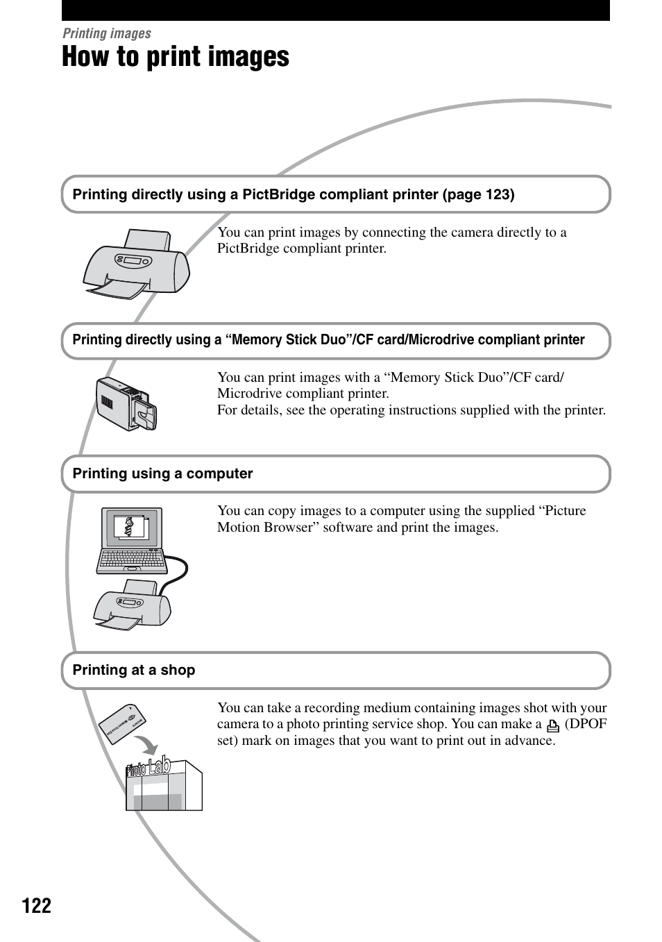 Printing images, How to print images | Sony DSLR-A100 User Manual | Page 122 / 159