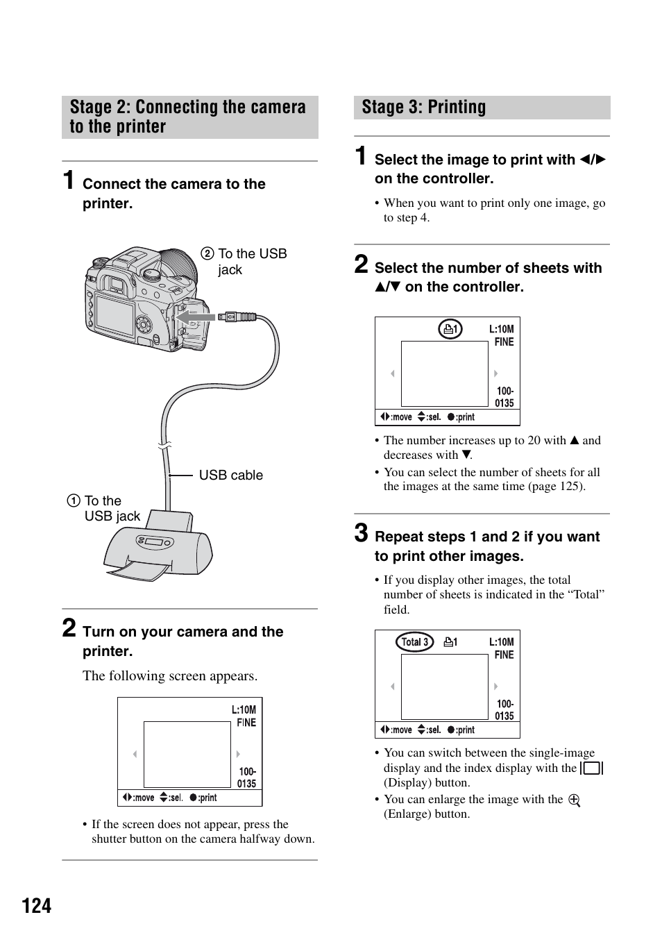 Stage 2: connecting the camera to the printer, Stage 3: printing | Sony DSLR-A100 User Manual | Page 124 / 159