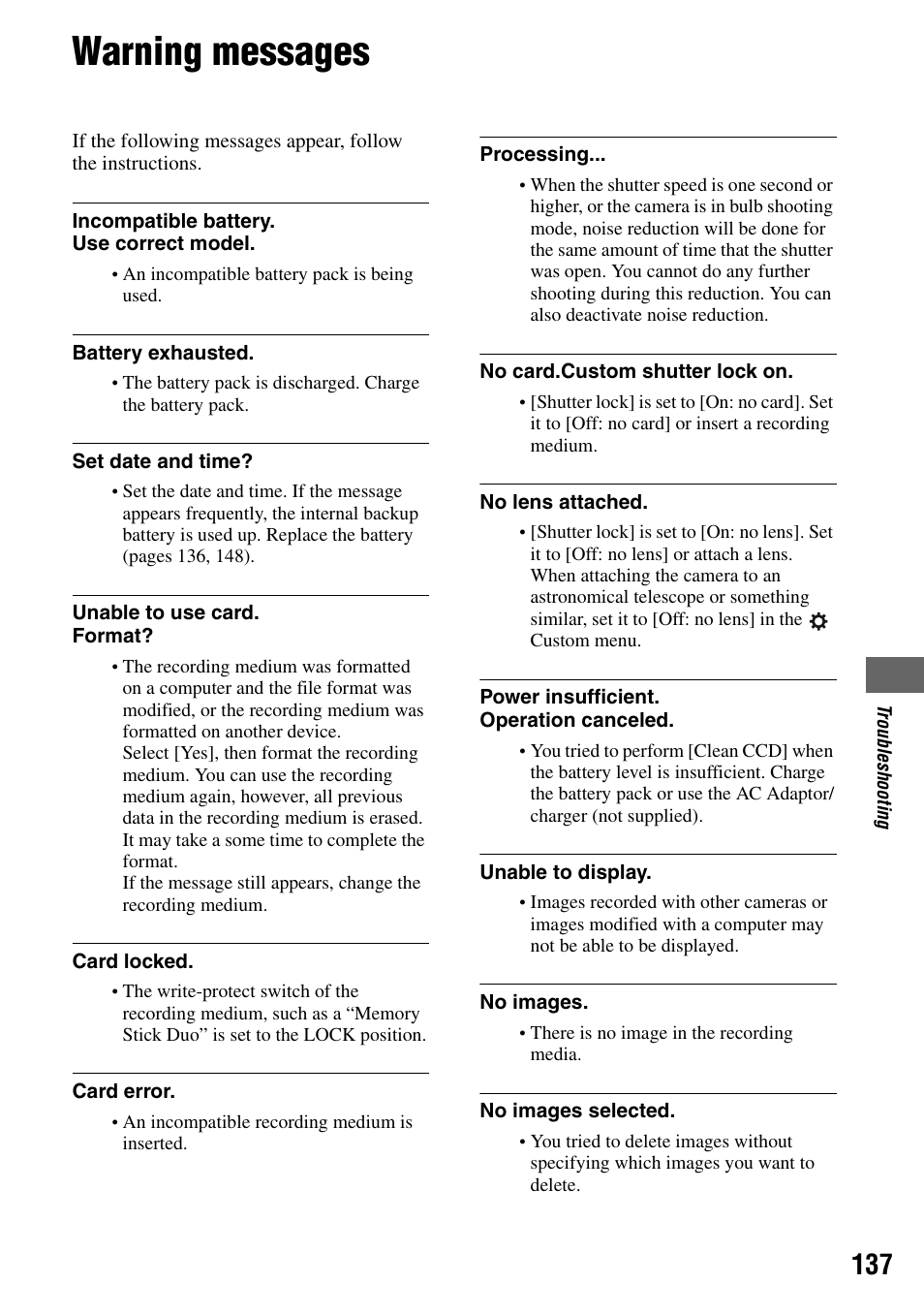 Warning messages | Sony DSLR-A100 User Manual | Page 137 / 159