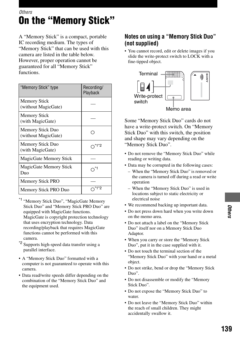 Others, On the “memory stick | Sony DSLR-A100 User Manual | Page 139 / 159