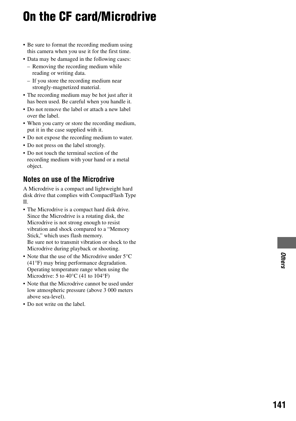 On the cf card/microdrive | Sony DSLR-A100 User Manual | Page 141 / 159