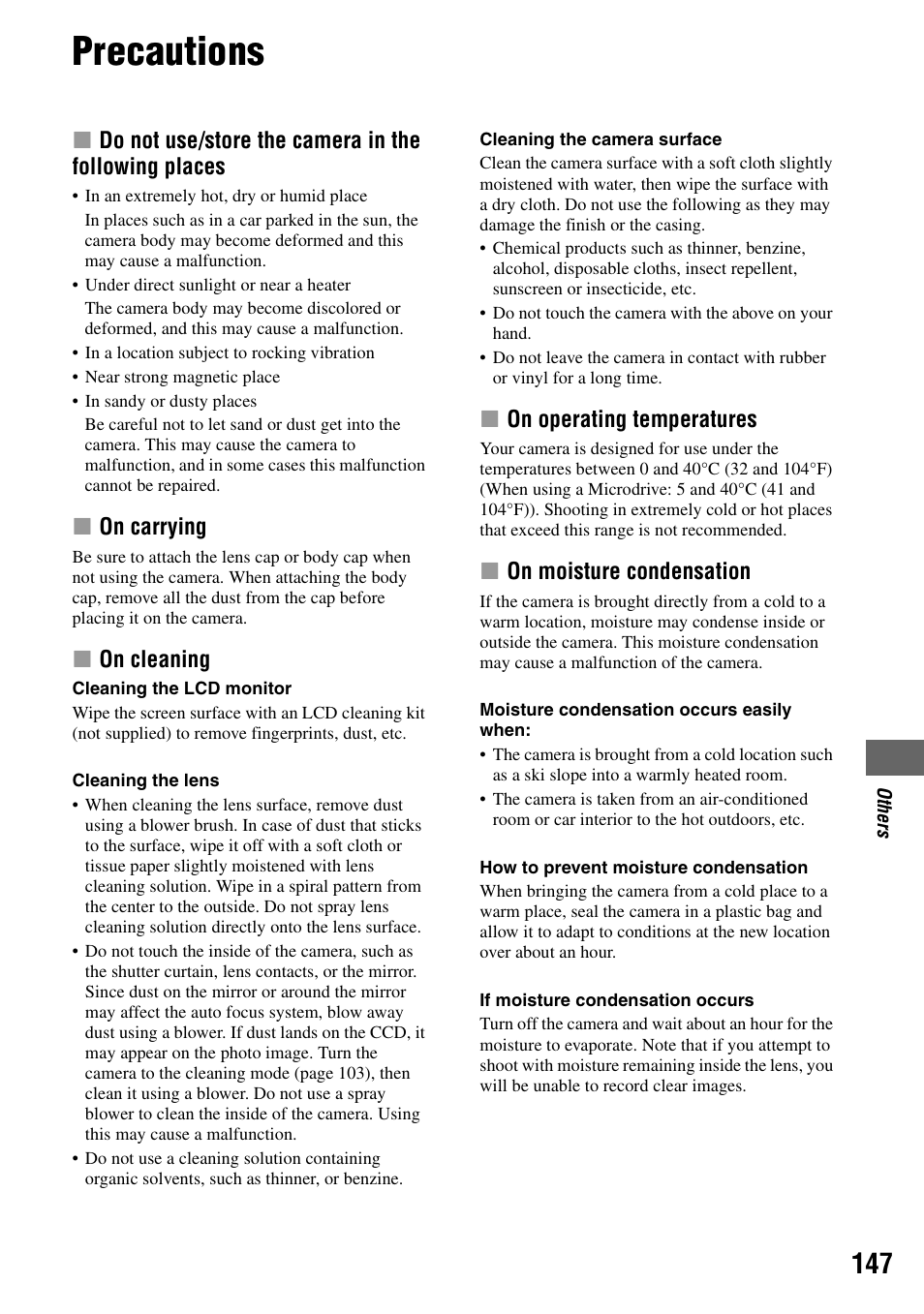 Precautions | Sony DSLR-A100 User Manual | Page 147 / 159
