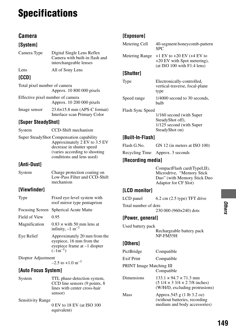 Specifications, Camera | Sony DSLR-A100 User Manual | Page 149 / 159