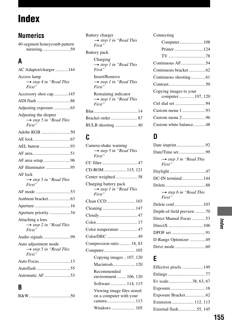 Index, Numerics | Sony DSLR-A100 User Manual | Page 155 / 159