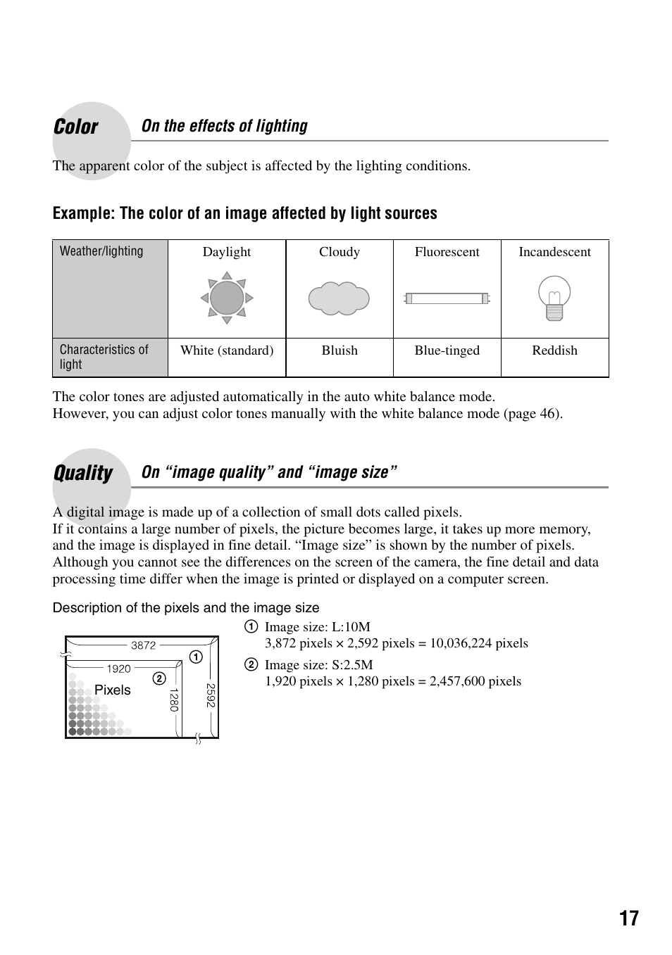 Color, Quality | Sony DSLR-A100 User Manual | Page 17 / 159