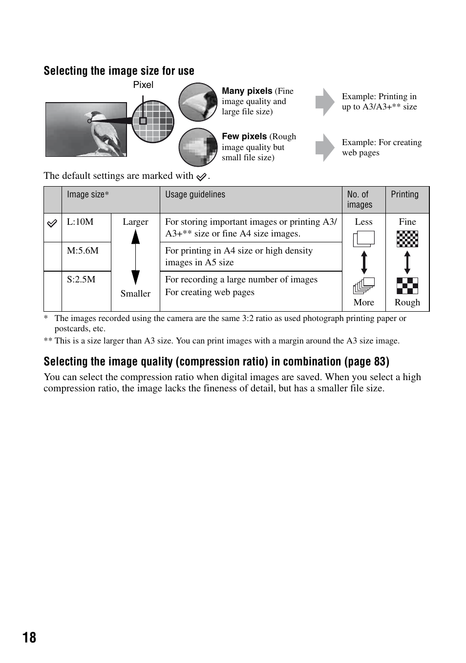 Selecting the image size for use | Sony DSLR-A100 User Manual | Page 18 / 159