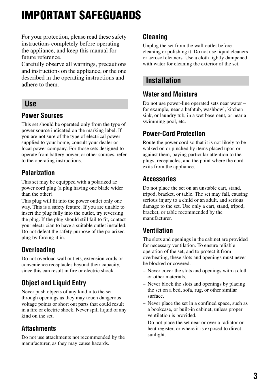 Important safeguards, Use installation | Sony DSLR-A100 User Manual | Page 3 / 159