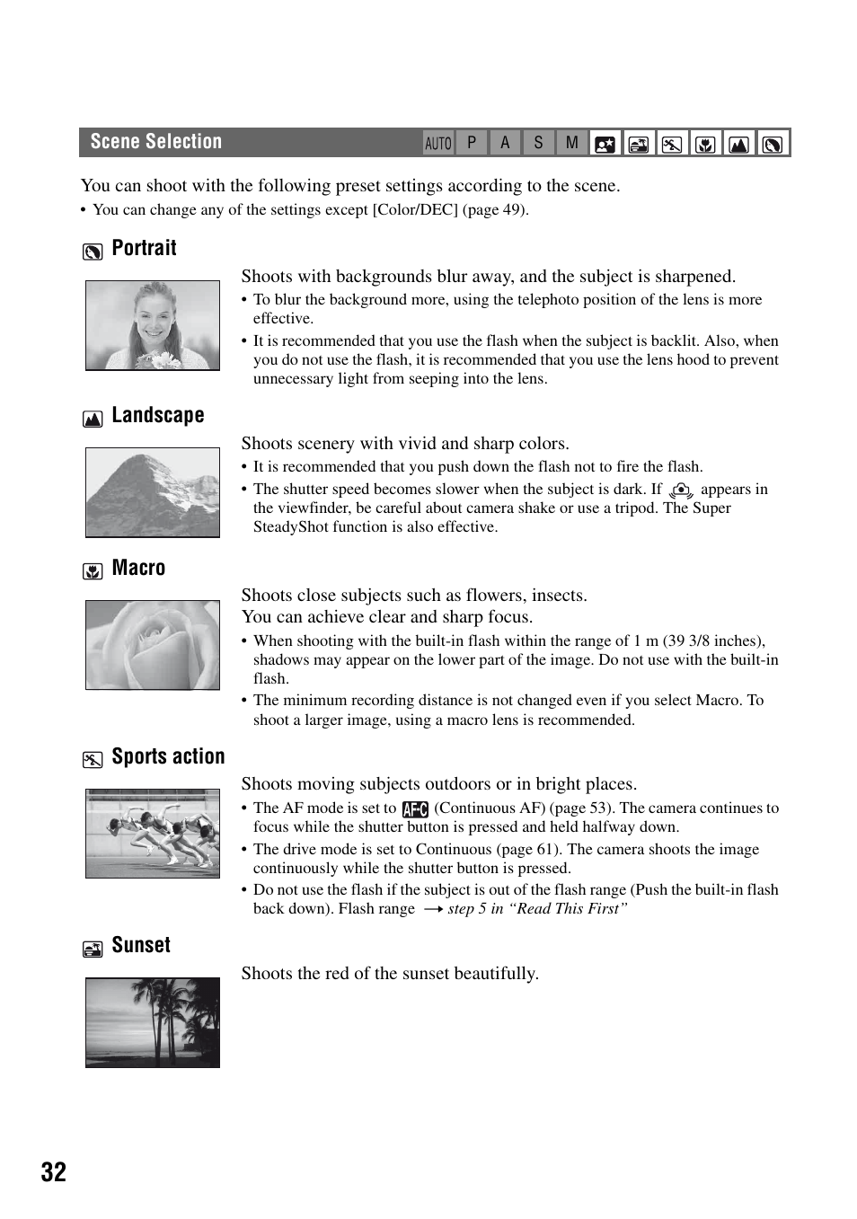 Scene selection, Portrait landscape macro sports action sunset | Sony DSLR-A100 User Manual | Page 32 / 159