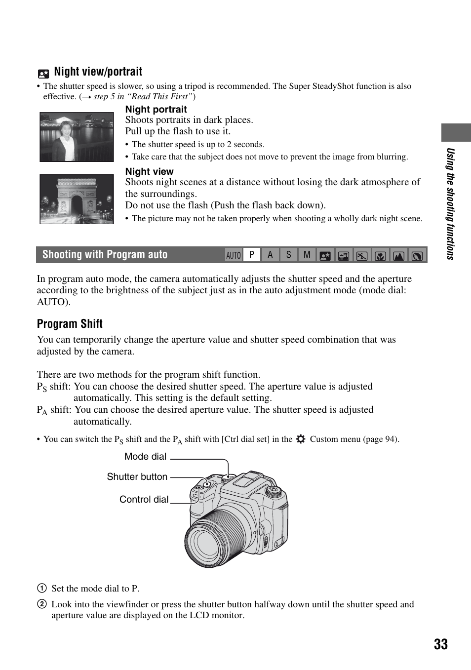 Shooting with program auto, Night view/portrait, Program shift | Sony DSLR-A100 User Manual | Page 33 / 159