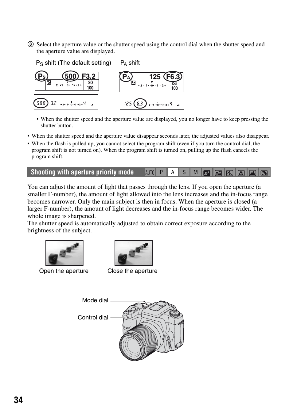 Shooting with aperture priority mode | Sony DSLR-A100 User Manual | Page 34 / 159