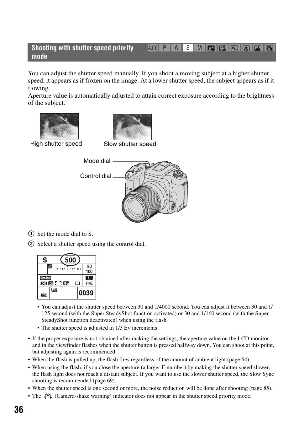 Shooting with shutter speed prioritymode, Shooting with shutter speed priority mode, D (36) | Sony DSLR-A100 User Manual | Page 36 / 159