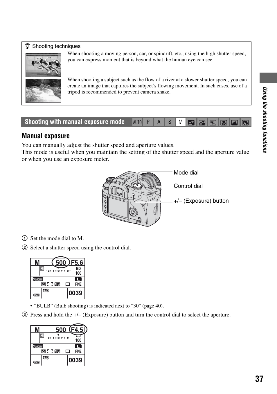 Shooting with manual exposure mode, Manual exposure | Sony DSLR-A100 User Manual | Page 37 / 159