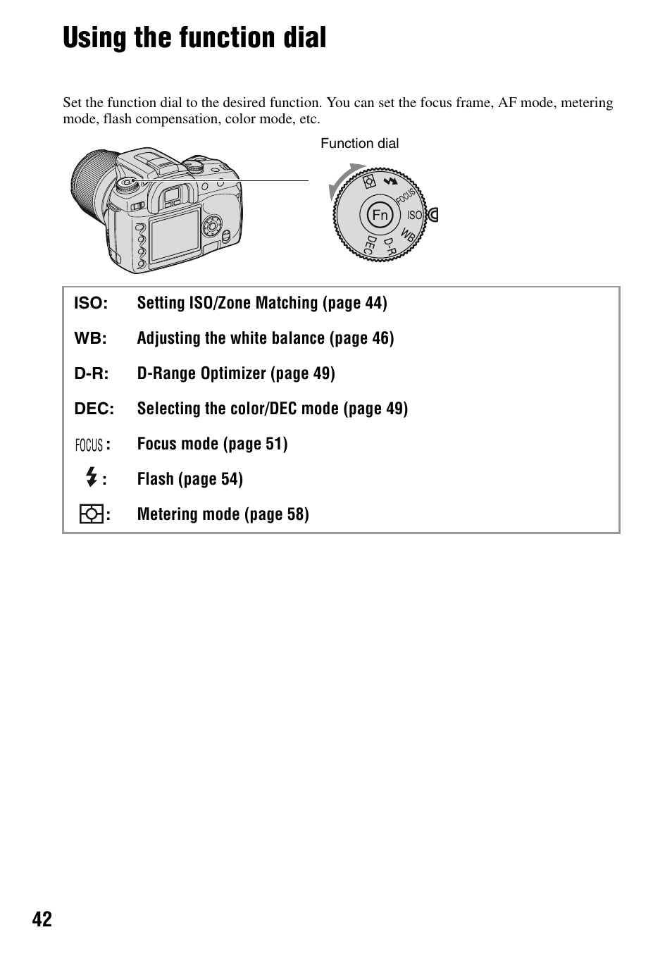 Using the function dial, N dial (42) | Sony DSLR-A100 User Manual | Page 42 / 159