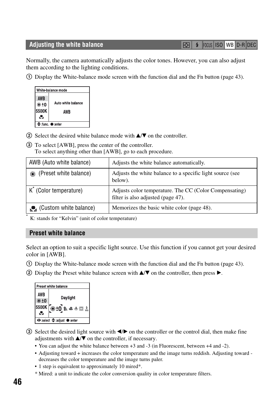 Adjusting the white balance | Sony DSLR-A100 User Manual | Page 46 / 159