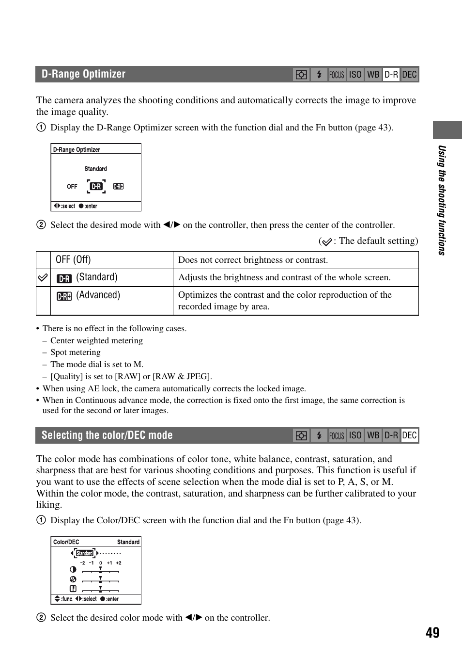 D-range optimizer, Selecting the color/dec mode, D-range optimizer selecting the color/dec mode | R (49) | Sony DSLR-A100 User Manual | Page 49 / 159