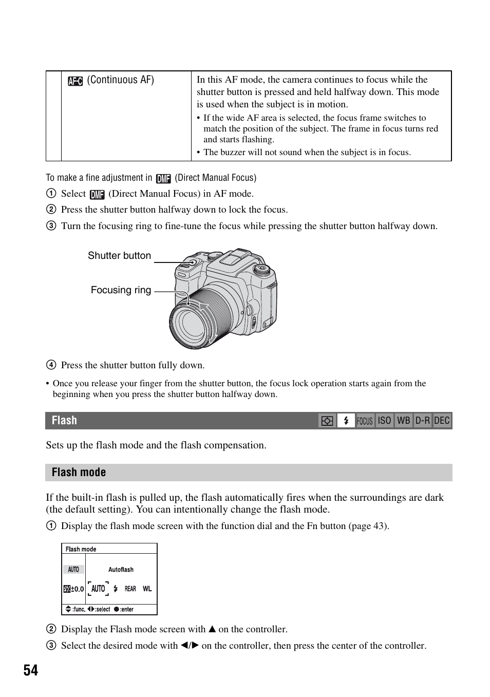 Flash, H (54) | Sony DSLR-A100 User Manual | Page 54 / 159