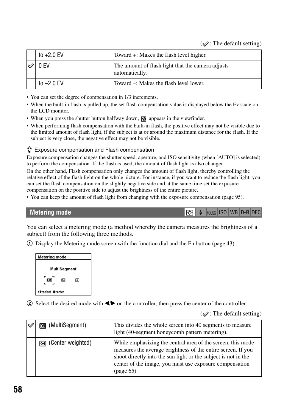 Metering mode | Sony DSLR-A100 User Manual | Page 58 / 159