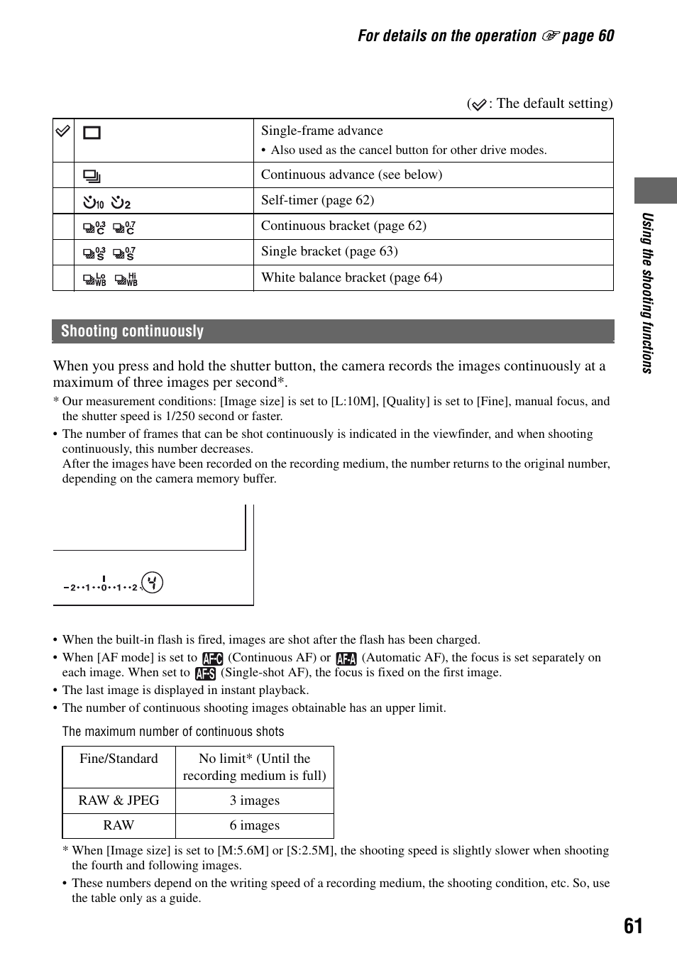 Shooting continuously | Sony DSLR-A100 User Manual | Page 61 / 159