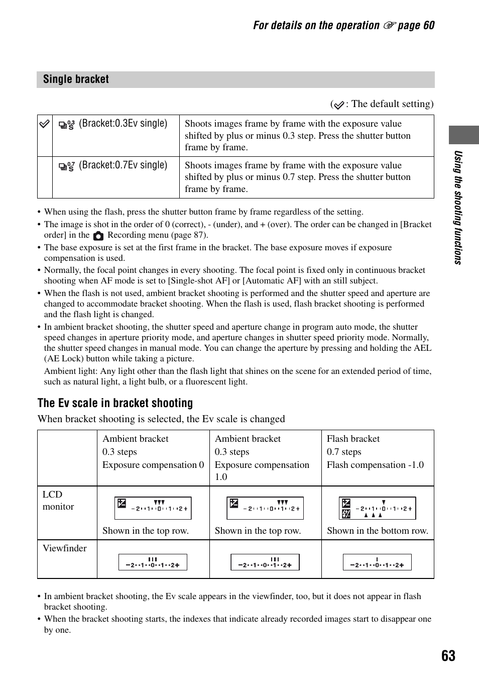 The ev scale in bracket shooting | Sony DSLR-A100 User Manual | Page 63 / 159