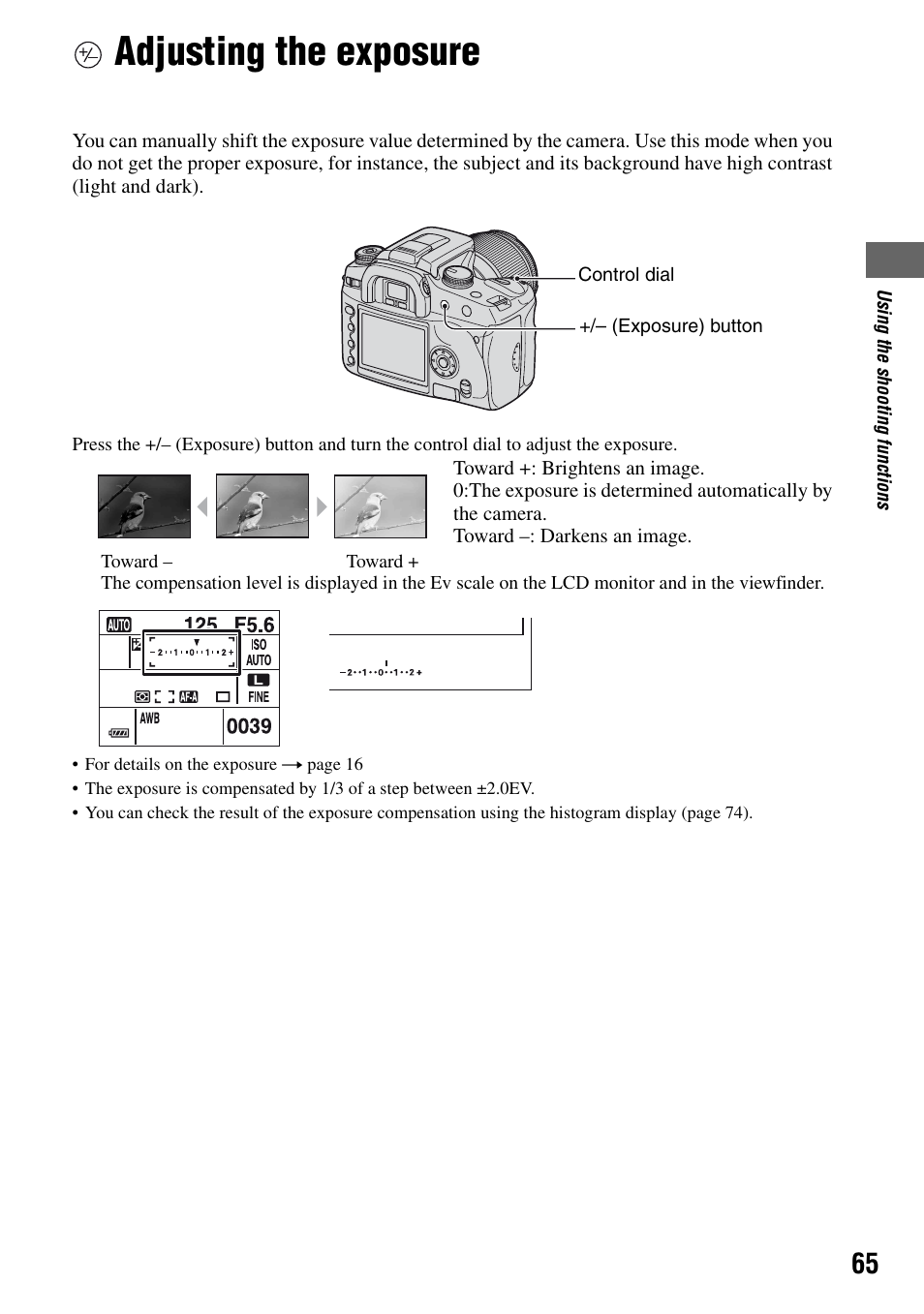 Adjusting the exposure | Sony DSLR-A100 User Manual | Page 65 / 159