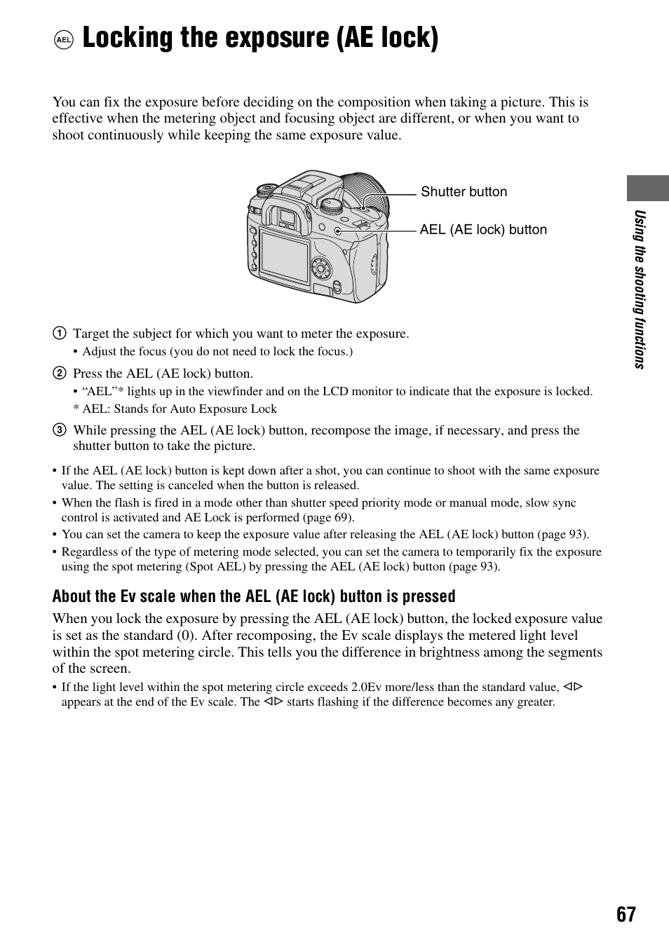Locking the exposure (ae lock) | Sony DSLR-A100 User Manual | Page 67 / 159