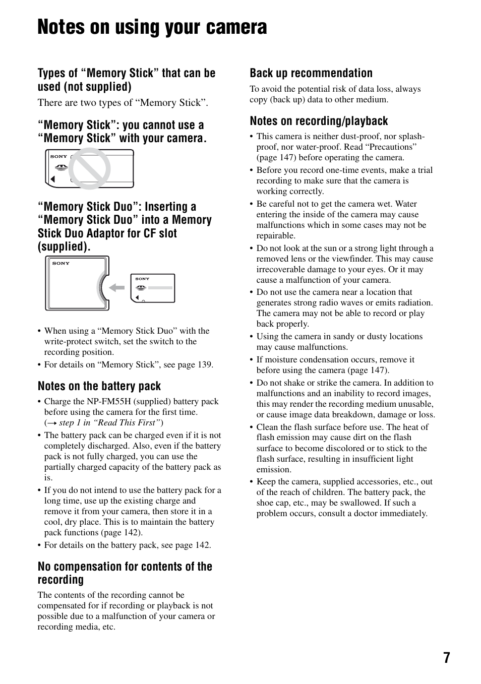 Notes on using your camera, No compensation for contents of the recording, Back up recommendation | Sony DSLR-A100 User Manual | Page 7 / 159