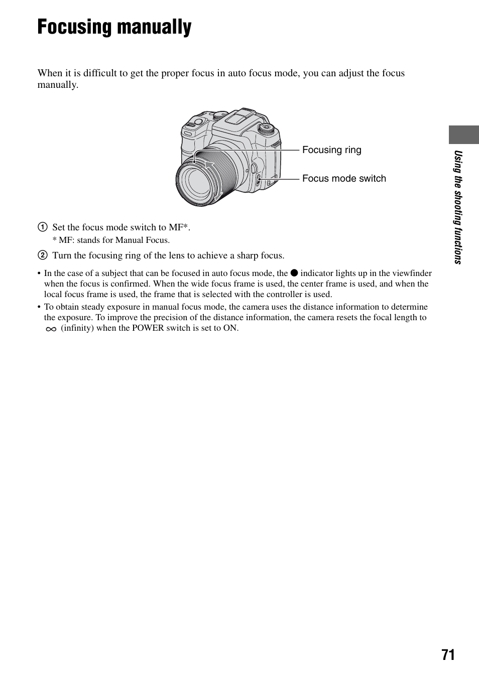 Focusing manually, And 71.) | Sony DSLR-A100 User Manual | Page 71 / 159