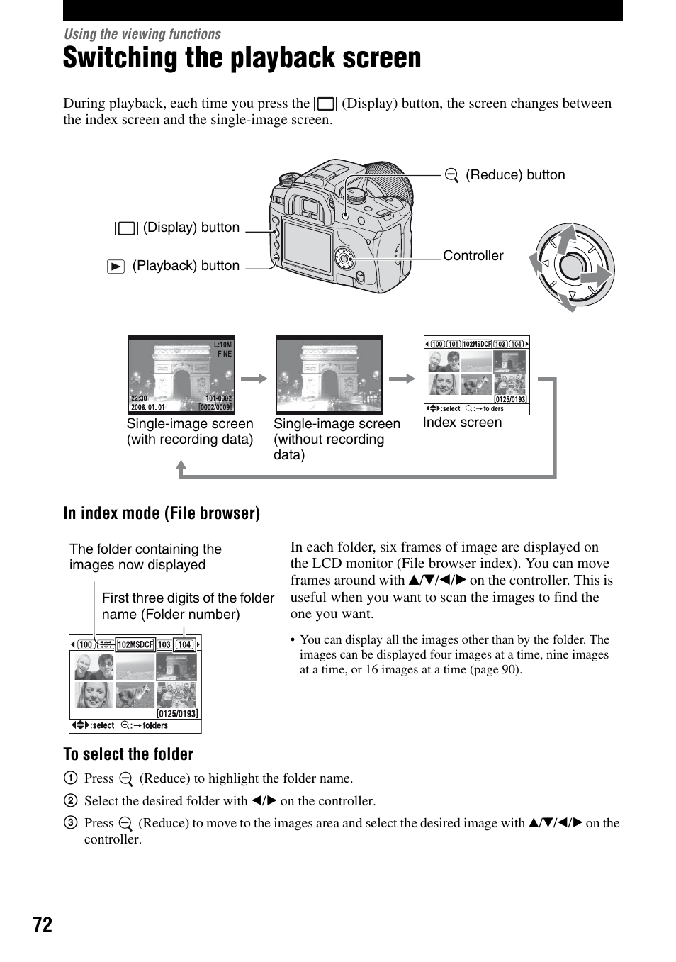 Using the viewing functions, Switching the playback screen | Sony DSLR-A100 User Manual | Page 72 / 159
