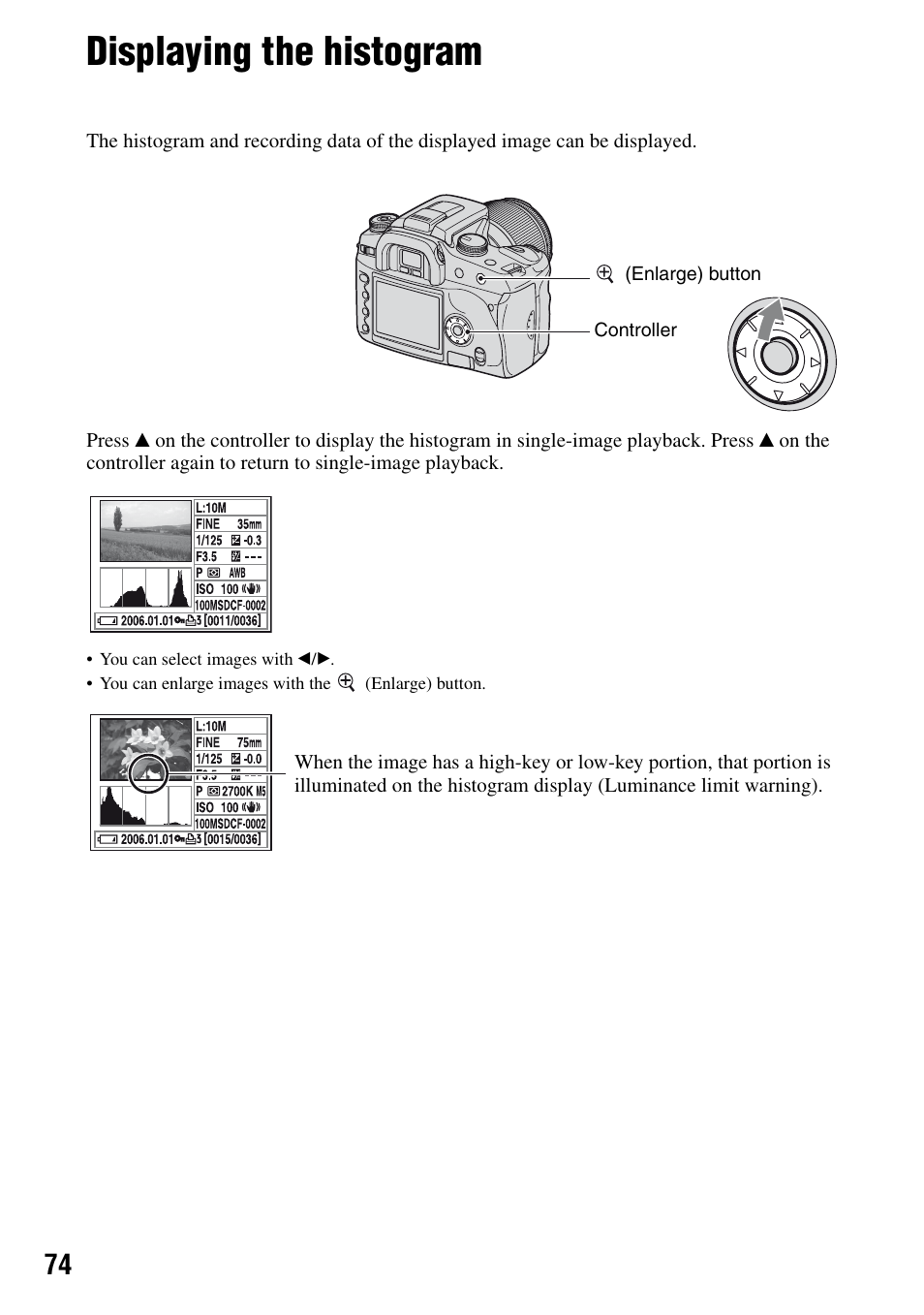 Displaying the histogram, M (74) | Sony DSLR-A100 User Manual | Page 74 / 159