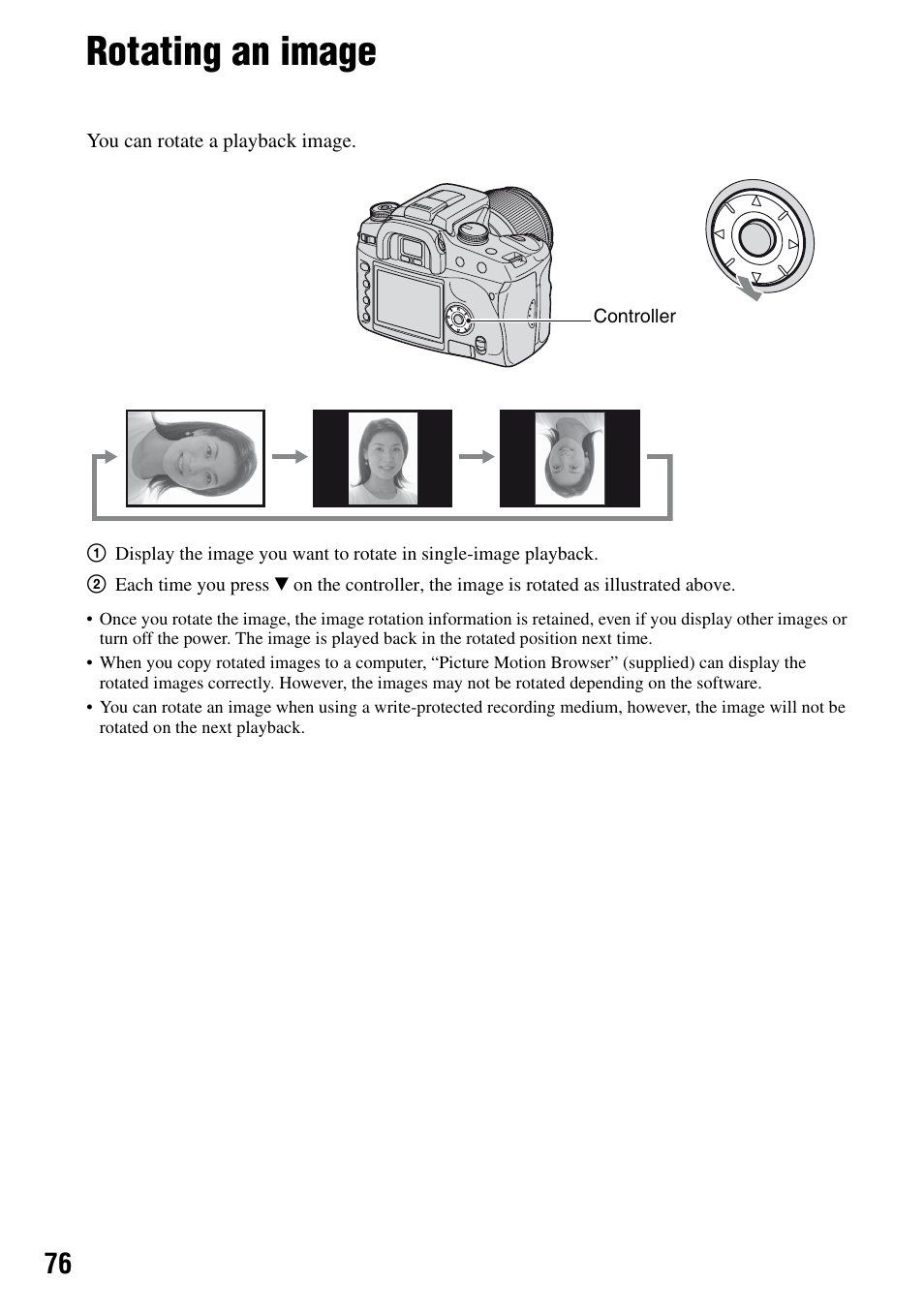 Rotating an image, N (76) | Sony DSLR-A100 User Manual | Page 76 / 159