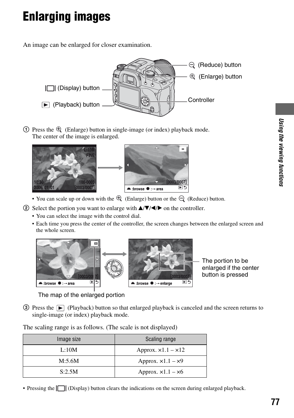 Enlarging images, N (77) | Sony DSLR-A100 User Manual | Page 77 / 159