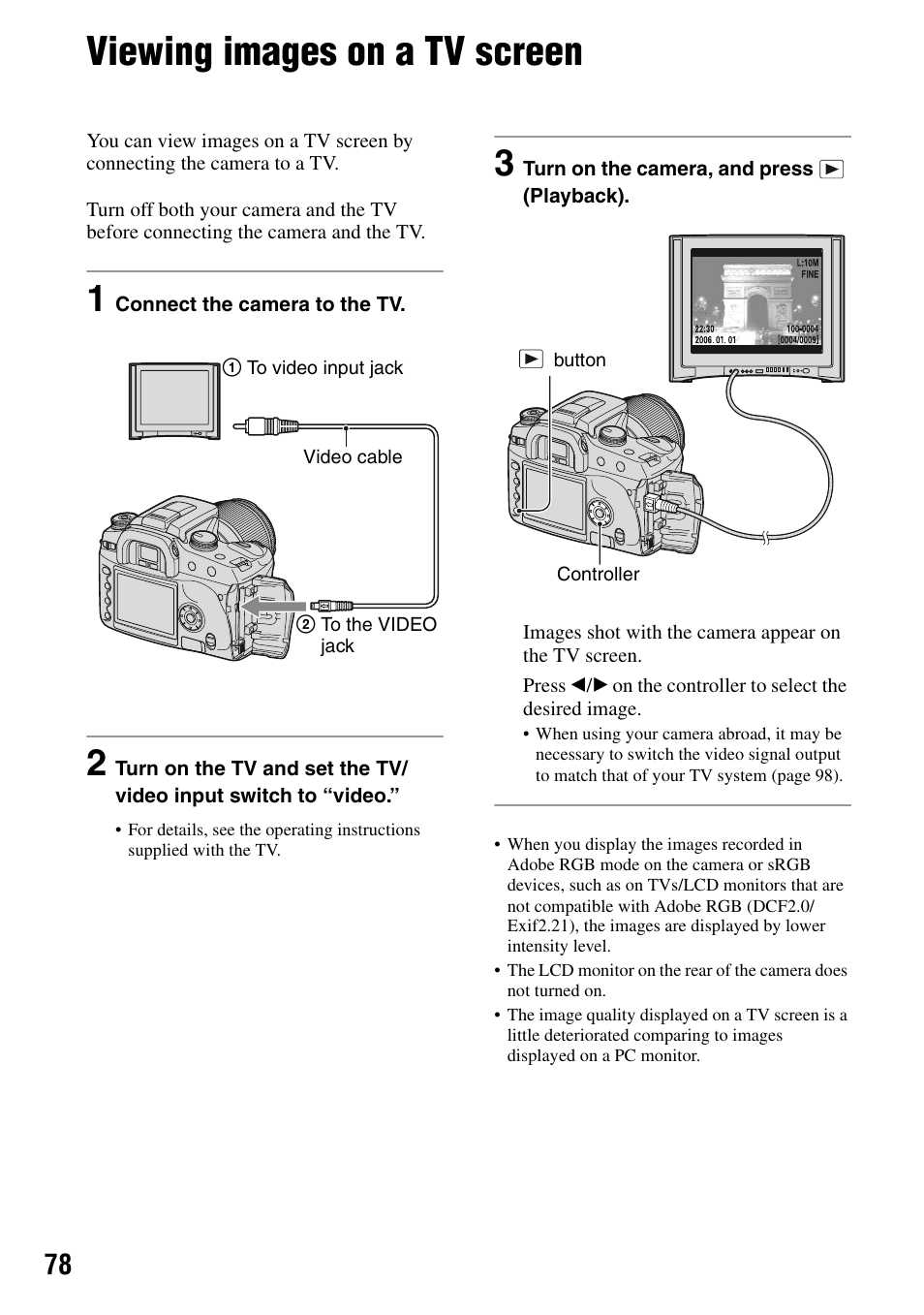 Viewing images on a tv screen | Sony DSLR-A100 User Manual | Page 78 / 159