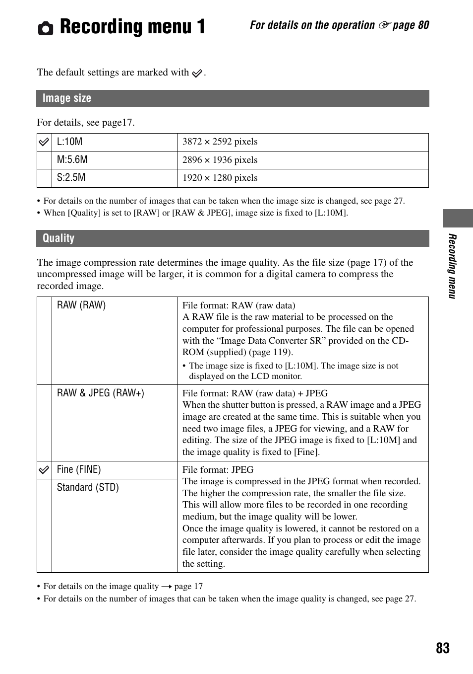 Recording menu 1, Y (83), S 83 | Sony DSLR-A100 User Manual | Page 83 / 159